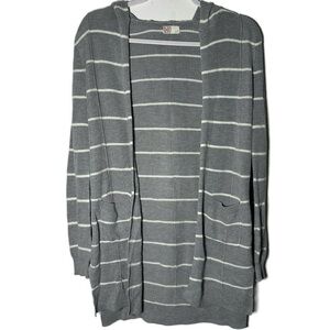 SO Gray White Striped Hooded Longline Cardigan sweater open front size S